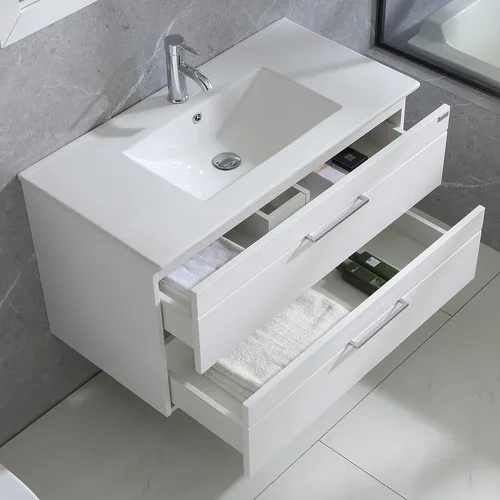 Vista 3 de wonline Juego de tocador de baño montado en la pared de 36 pulgadas, gabinete de almacenamiento con fregadero de cerámica combinado cromado grifo