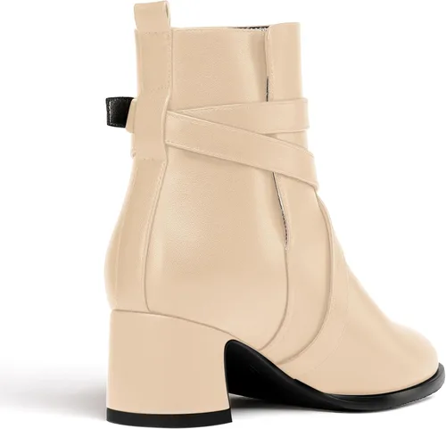 Vista 5 de WAYDERNS Botas altas de tobillo con hebilla casual para mujer, con correa de tobillo sólida mate, tacón bajo y grueso, 2 pulgadas