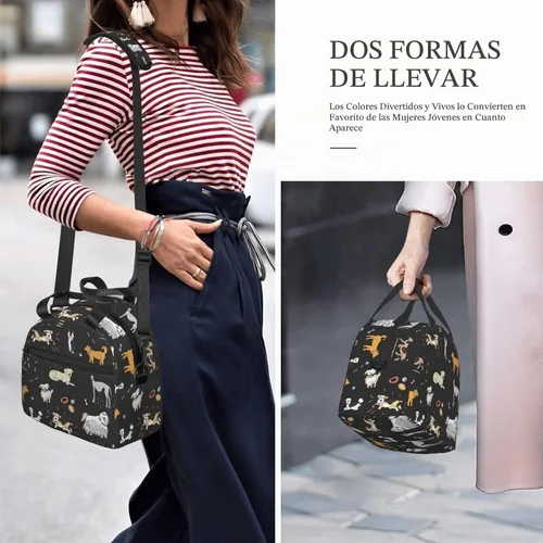 Vista 7 de Bonita Lonchera de Perinsto con Perros en Fondo Negro, Bolsa de Almuerzo Reutilizable Aislada con Correa Ajustable para Oficina, Trabajo, Picnic