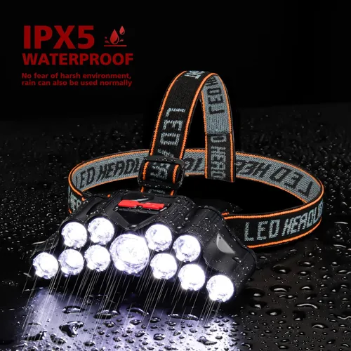 Vista 4 de Linterna frontal recargable, 22000 lúmenes altos, 11 luces de cabeza para frente, IPX5 impermeable, lámparas de cabeza LED súper brillantes