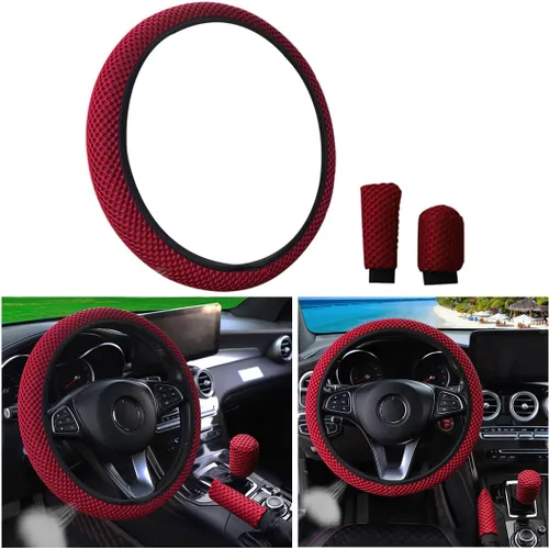 Vista 9 de Bittwee 3 piezas, juego de cubiertas para volante de auto de 15 pulgadas, cubierta para apoyabrazos, cubierta para palanca de cambios, de microfibra