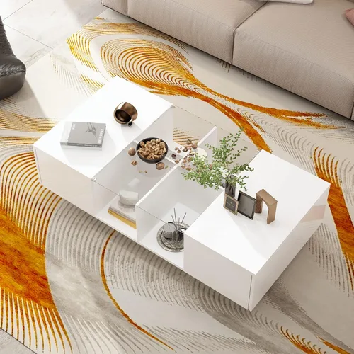 Vista 4 de ECACAD Moderna mesa auxiliar LED con cajones y compartimentos abiertos, mesa central rectangular con parte superior de cristal para sala de estar