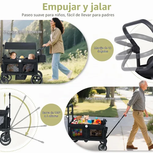 Vista 2 de Kinder King Cochecito Wagon para 2 niños, barra de empuje/tracción Negro