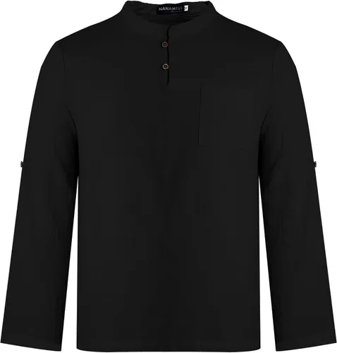 Vista 2 de NANAMEEI Camisa casual de lino para hombre, de manga larga, con botones, bolsillo y ajuste entallado