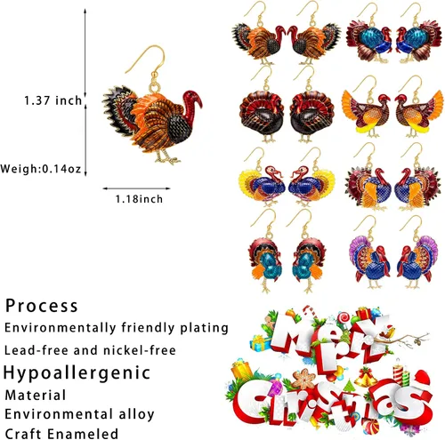 Vista 2 de Thanksgiving Earrings for Womens, Enameled Xmas Holiday Jewelry Turkey Drop Dangle Earrings