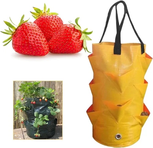 Vista 5 de 3 piezas de bolsas colgantes para macetas con asas, contenedores colgantes de plástico para plantación de fresas, bolsas de cultivo plegables