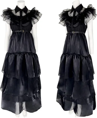 Vista 6 de Hqroidd Vestido de Wednesday Addams para mujer, disfraz de fiesta de graduación, falda de tul de malla negra con cinturón, disfraz de Halloween