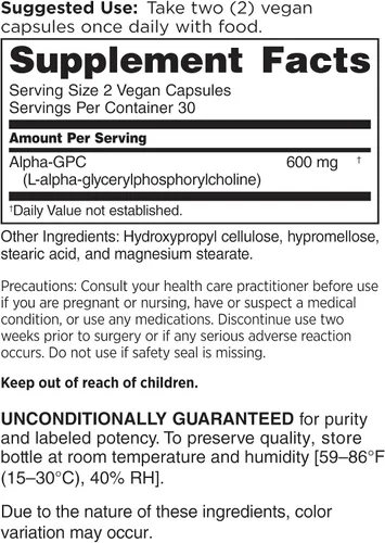 Vista 2 de DOCTORS' PREFERRED Suplemento Alpha GPC - Fórmula premium. 600 mg/porción, 60 cápsulas veganas, suministro para 30 días