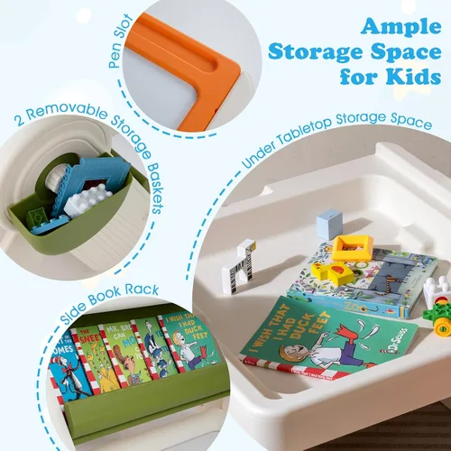 Vista 14 de Costzon Juego de mesa y silla 6 en 1 para niños, caballete de arte plegable con marcadores, borrador, 102 ladrillos compatibles, mesa de bloques