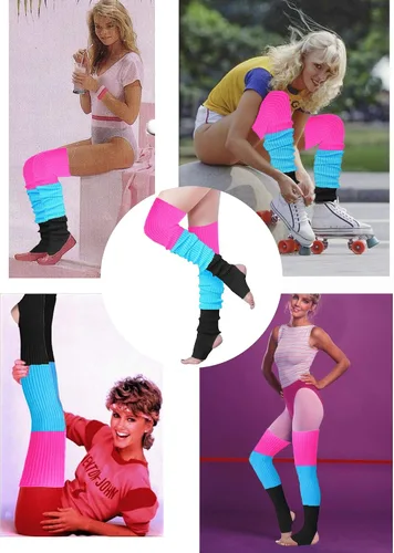 Vista 4 de v28 Calentador de piernas de punto neón para mujer de los años 80, fiesta, baile, deportes, yoga