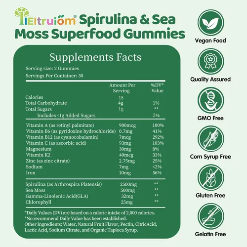 Vista 2 de Gomitas de Clorella de espirulina azul orgánica, 13 en 1 Super Greens & Superfoods, espirulina de 2500 mg de energía diaria mejorada con musgo