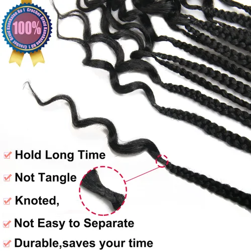 Vista 5 de Trenzas de ganchillo para mujer, 144 raíces/paquete, trenza negra con extremos rizados, trenzas de caja de 14 pulgadas, 24 mechones por pieza