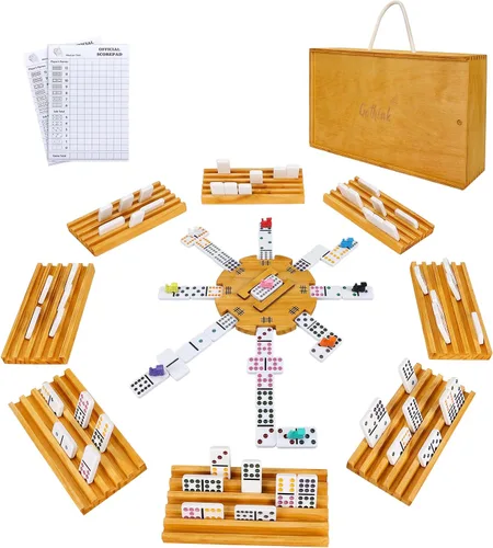 Vista 9 de GOTHINK Juego de dominó doble de 12 trenes mexicanos en estuche de transporte de madera, juego de dominó de puntos de colores para adultos, niños