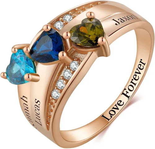 Vista 2 de Anillos de piedra natal personalizados para madre, oro real de 10 quilates, 14 quilates, 18 quilates, con nombre personalizado con piedra natal de 2