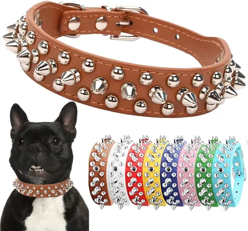 Vista 5 de Collar de perro con púas para perros pequeños, a prueba de masticación, collar de púas para perros y gatos, de piel sintética, con remaches