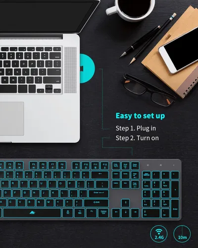 Vista 4 de Teclado inalámbrico retroiluminado, teclado silencioso USB recargable, tamaño completo inalámbrico de 2.4G, compatible con Apple iMac, MacBook y PC