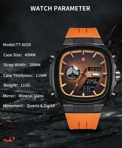 Vista 4 de Reloj de negocios único para hombre, analógico, digital, impermeable, cronógrafo, multifuncional, de cuarzo, con correa de silicona