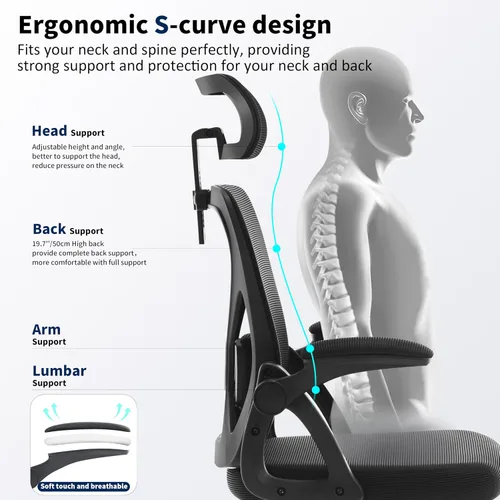Vista 5 de Silla de oficina, silla de escritorio ergonómica con soporte lumbar ajustable, silla de computadora de malla de 400 libras, respaldo alto con Negro