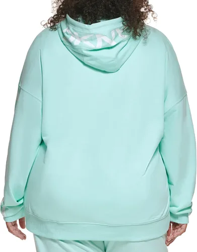 Vista 4 de DKNY Sudadera con capucha para mujer, con bolsillo, ajuste relajado, con logotipo agrietado