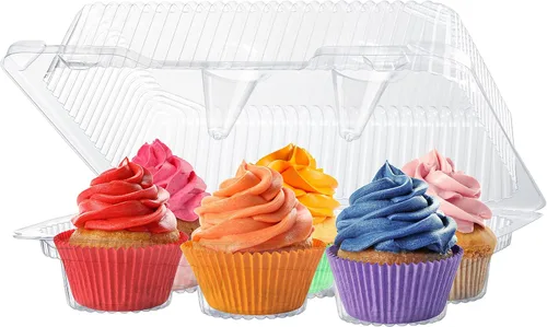 Vista 8 de Cajas de plástico para cupcakes 6 compartimentos – Paquete de 40 Soporte desechable de docena de magdalenas con tapa a granel Cajas apilables