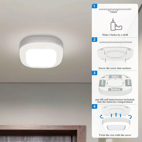 Vista 7 de WhitePoplar Luz de armario, luz de techo LED con sensor de movimiento a batería, 300LM para interiores, inalámbrica, para pasillo, garaje, escalera