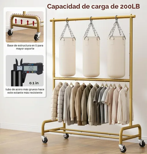 Vista 3 de SLEEPING LAMB Perchero de Ropa Resistente de Doble Barra para Colgar Ropa, Perchero de Vestimenta Metálico Rodante con Ruedas, Perchero Colgador