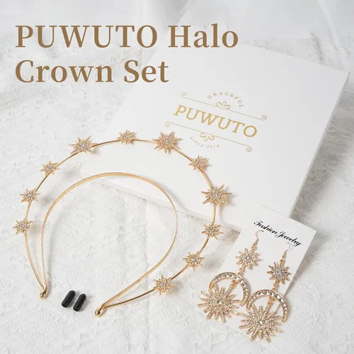 Vista 3 de Halo Crown - Stars Crystal Goddess HeadBand with Earrings Mary Metal Halo Headpiece Celestial Crowns Tiaras for Women Bridal Wedding Costume Cosplay