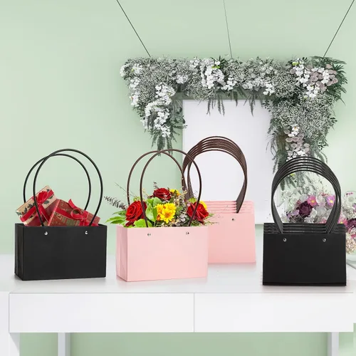 Vista 8 de DEAYOU Paquete de 12 bolsas de regalo de flores de papel kraft, caja de ramo con asa, pequeñas bolsas de papel con forro impermeable para arreglos