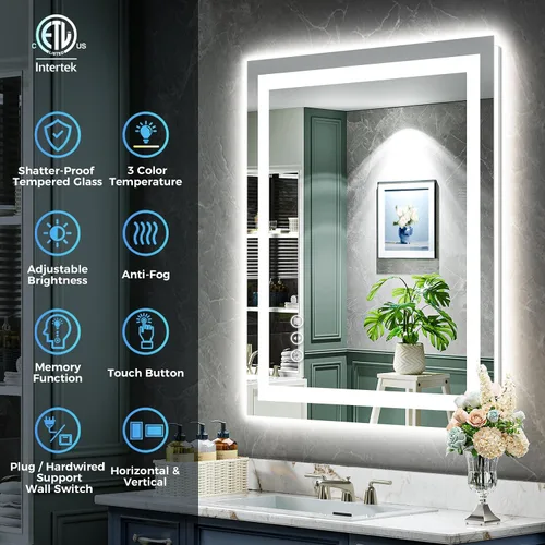 Vista 2 de Espejo de baño LED de 24x30 pulgadas con luces, espejo de tocador frontal y retroiluminado para pared de baño con 3 colores, regulable