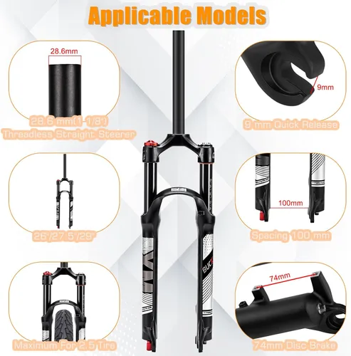 Vista 2 de BUCKLOS Horquilla MTB de Suspensión de Aire de 120mm para Viaje, 26/27.5/29, Ajuste de Rebote 1 1/8 Tubo Recto/Conico QR 9mm, Bloqueo Manual/Remoto