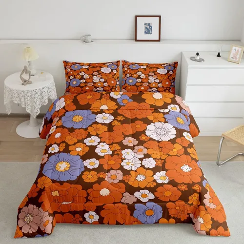 Vista 8 de Juego de ropa de cama con estampado floral bohemio, tamaño individual, diseño retro de flores groovy, 60S y 70S, juego de edredón de flores hippie