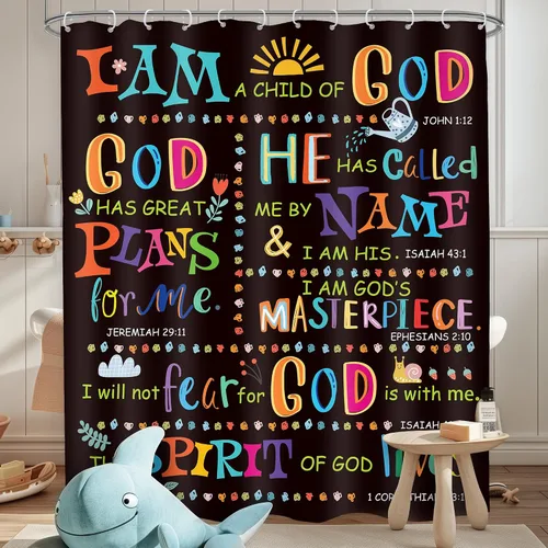 Vista 13 de Cortina de ducha cristiana con versos bíblicos para niños, baño, 48 pulgadas de ancho x 71 pulgadas de alto, pequeña cabina, escrituras