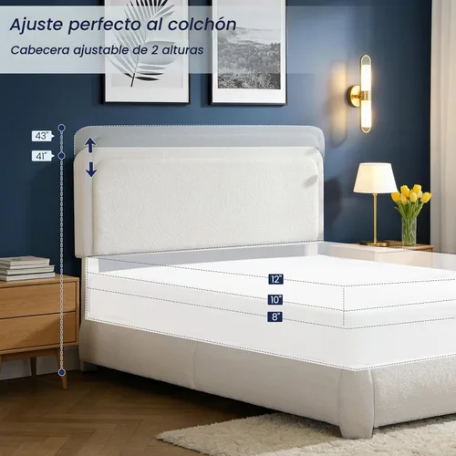 Vista 3 de Flolinda Base de cama tapizada tamaño King con cabecera ajustable, plataforma moderna con listones de madera de tela Boucle, perfil bajo,