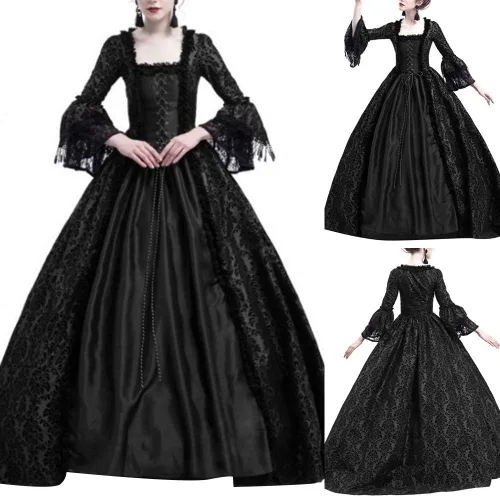 Vista 3 de Ladies Halloween Lace Panel Big Bell Sleeve Medieval Court Retro Cosplay Performance Costume Dress