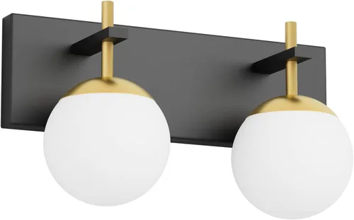 Vista 13 de Ralbay Lámpara de pared de baño negra mate, 2 luces, iluminación moderna de mediados de siglo, luz de tocador de globo de vidrio lechoso negro