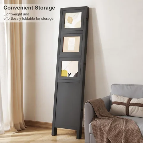 Vista 4 de Divisor de habitación para fotos de 4 paneles, pantalla de privacidad plegable independiente y decorativo con 16 marcos para oficina en casa (negro)