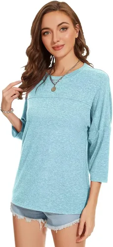 Vista 2 de ZENNILO Camisetas casuales de manga 3/4 para mujer, holgadas, cuello redondo, lindas camisetas básicas