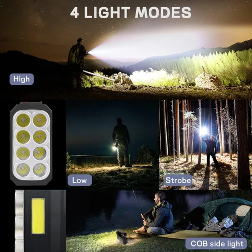 Vista 6 de Linterna Solar de 8 LED con Luz Lateral COB, 1000 Lúmenes Linternas Alimentadas por Energía Solar, Linternas de Mano Impermeables con Carga Solar