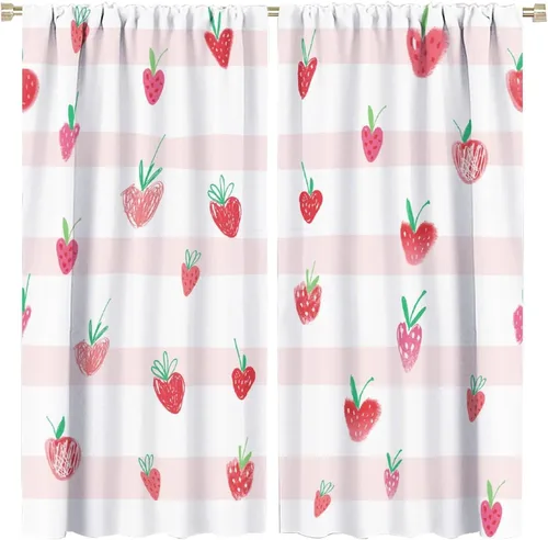 Vista 32 de Cortinas bohemias con diseño de fresas, bonitas cortinas bohemias con bolsillo para barra de fruta, tratamiento de ventana para cocina, sala