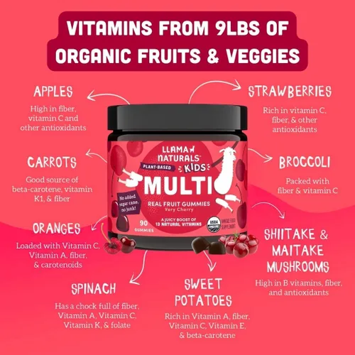Vista 5 de Llama Naturals - Vitaminas en gomitas de fruta real para niños, sin caña de azúcar añadida, betacarotenos, multivitamínico de alimentos integrales
