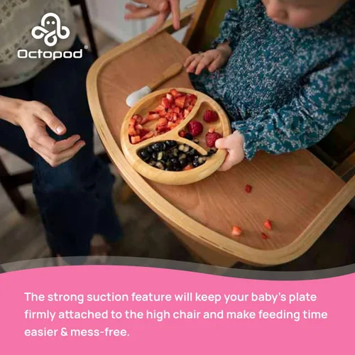 Vista 5 de Abiie Octopod Bamboo Dish & Spoon - Plato de succión para bebé - 4 meses y más - Azul 3-Compartment Round Kids Plate, High Chair Accessories