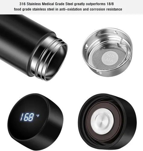 Vista 2 de Botella aislada, botella de café, botella infusora de té, botella de agua deportiva inteligente con pantalla LED de temperatura, botella de agua
