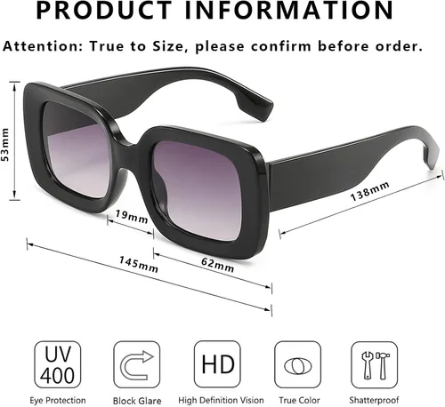 Vista 3 de Gafas de sol cuadradas para mujeres y hombres, sombras clásicas a la moda de gran tamaño DSR033