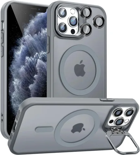 Vista 12 de Funda magnética para iPhone 11 con soporte, compatible con Magsafe, protección militar y protector de lente de cámara, funda translúcida mate