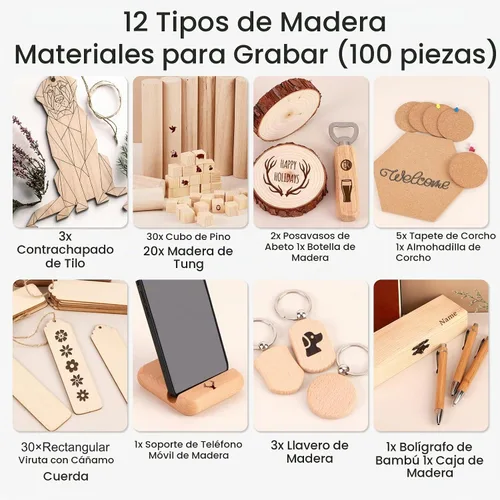 Vista 3 de Csyidio 300 piezas de material de grabado láser, 40 tipos de accesorios de grabado láser con instrucciones, suministros de grabado láser que