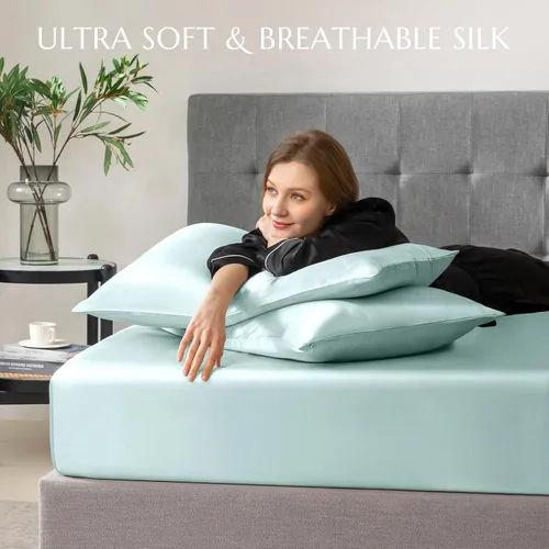 Vista 45 de THXSILK Juego de sábanas bajeras de 100% seda de morera, 3 piezas de seda 7A+, transpirable, suave, sábana bajera de 16 pulgadas de profundidad, 2