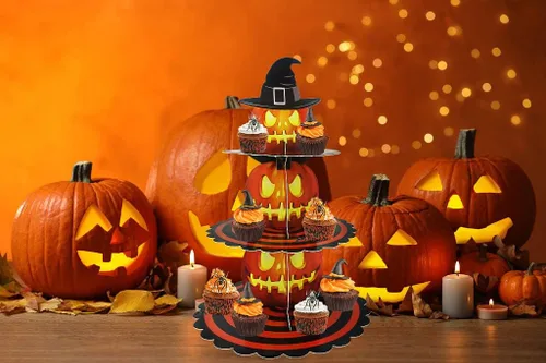 Vista 6 de Soporte para cupcakes de Halloween de 3 niveles para mesa de postre, torre de calabaza, bandeja de cartón naranja para 24 cupcakes, decoraciones