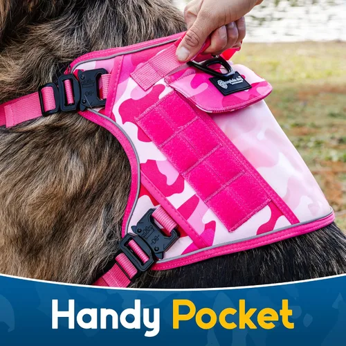 Vista 4 de Chaleco de arnés rosa sin tirones para perro de tamaño mediano con 4 hebillas de metal y doble costura Capitán Dog – Camuflaje rosa reflectante