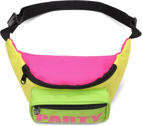 Vista 2 de MIAIULIA Riñonera de cintura neón de los años 80 para disfraces de los años 80, festivales de viaje, Amarillo+Verde Fluorescente, 80s