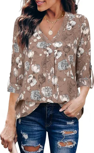 Vista 7 de Youtalia Blusas para mujer, elegantes, informales, de negocios, manga 3/4, de gasa, cuello en V, camisas de trabajo y oficina